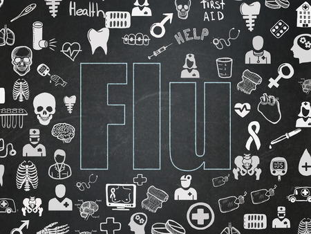 Health concept: Chalk Blue text Flu on School Board background with  Hand Drawn Medicine Icons, 3d renderの写真素材