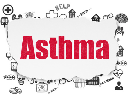 Medicine concept: Painted red text Asthma on Torn Paper background with  Hand Drawn Medicine Icons, 3d renderの写真素材