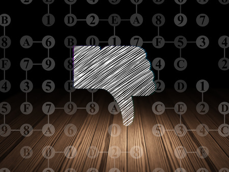 Social network concept: Glowing Thumb Down icon in grunge dark room with Wooden Floor, black background with Scheme Of Hexadecimal Code, 3d renderの写真素材