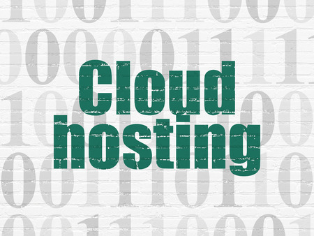Cloud networking concept: Painted green text Cloud Hosting on White Brick wall background with  Binary Code, 3d renderの写真素材