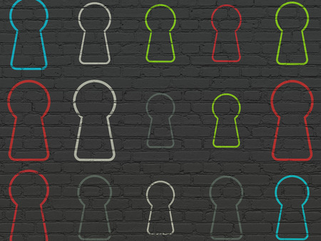 Data concept: Painted multicolor Keyhole icons on Black Brick wall background, 3d renderの写真素材
