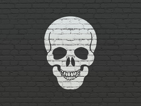 Healthcare concept: Painted white Scull icon on Black Brick wall background, 3d renderの写真素材