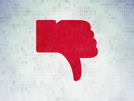 Social media concept: Painted red Thumb Down icon on Digital Paper background, 3d renderの写真素材