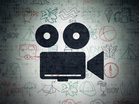 Vacation concept: Painted black Camera icon on Digital Paper background with  Hand Drawn Vacation Icons, 3d renderの写真素材