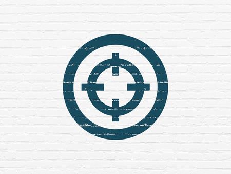 Business concept: Painted blue Target icon on White Brick wall background, 3d renderの写真素材