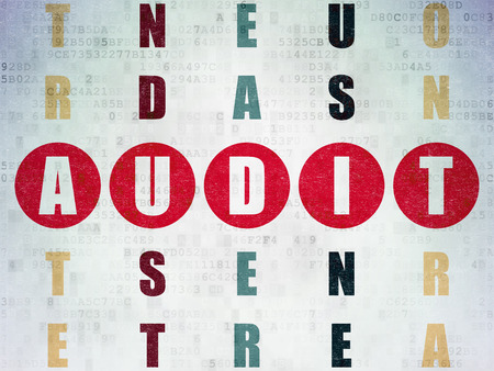 Finance concept: Painted red word Audit in solving Crossword Puzzle on Digital Paper background, 3d renderの写真素材