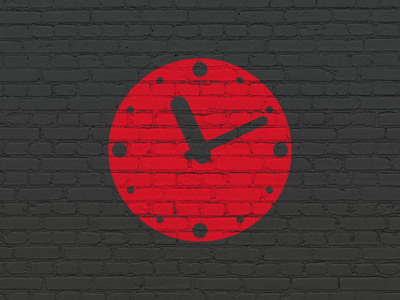 Time concept: Painted red Clock icon on Black Brick wall background, 3d renderの写真素材