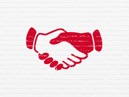 Political concept: Painted red Handshake icon on White Brick wall background, 3d renderの写真素材