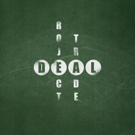Business concept: Painted White word Deal in solving Crossword Puzzle on School Board background, 3d renderの写真素材