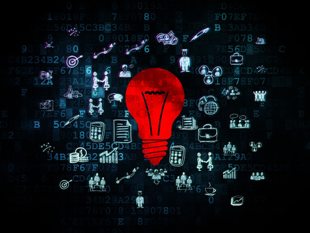 Business concept: Pixelated red Light Bulb icon on Digital background with  Hand Drawn Business Icons, 3d renderの写真素材