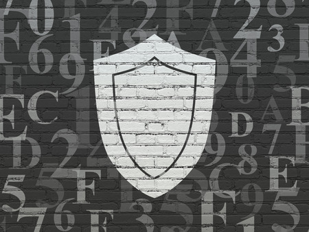 Safety concept: Painted white Shield icon on Black Brick wall background with  Hexadecimal Codeの写真素材