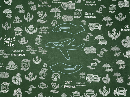 Insurance concept: Chalk Blue Travel Insurance icon on School Board background with  Hand Drawn Insurance Iconsの写真素材