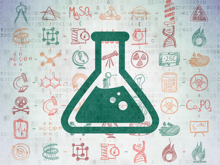 Science concept: Painted green Flask icon on Digital Paper background with Scheme Of Hand Drawn Science Iconsの写真素材