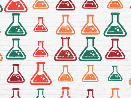 Science concept: Painted multicolor Flask icons on White Brick wall backgroundの写真素材
