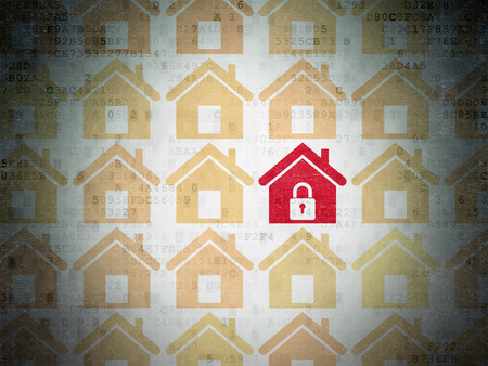 Protection concept: rows of Painted yellow home icons around red home icon on Digital Paper backgroundの写真素材