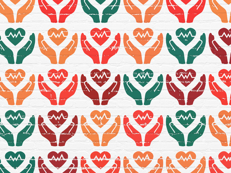 Insurance concept: Painted multicolor Health Insurance icons on White Brick wall backgroundの写真素材