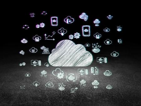 Cloud technology concept: Glowing Cloud icon in grunge dark room with Dirty Floor, black background...