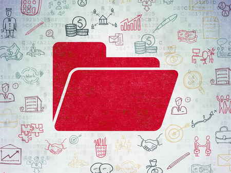 Finance concept: Painted red Folder icon on Digital Paper background with  Hand Drawn Business Iconsの写真素材