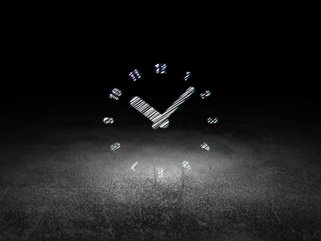 Timeline concept: Glowing Clock icon in grunge dark room with Dirty Floor, black background