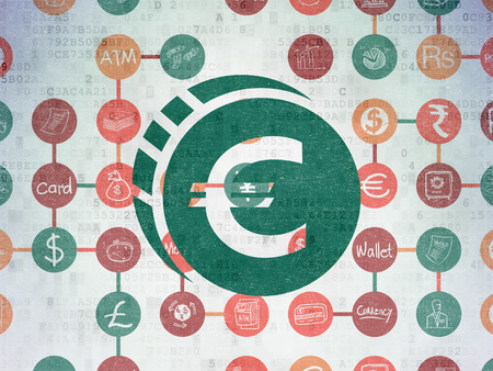 Currency concept: Painted green Euro Coin icon on Digital Paper background with Scheme Of Hand Drawn Finance Iconsの写真素材