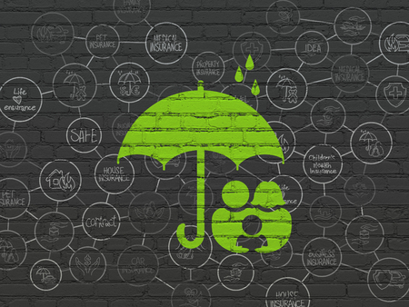 Insurance concept: Painted green Umbrella icon on Black Brick wall background with Scheme Of Hand Drawn Insurance Iconsの写真素材
