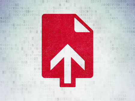 Web development concept: Painted red Upload icon on Digital Paper backgroundの写真素材
