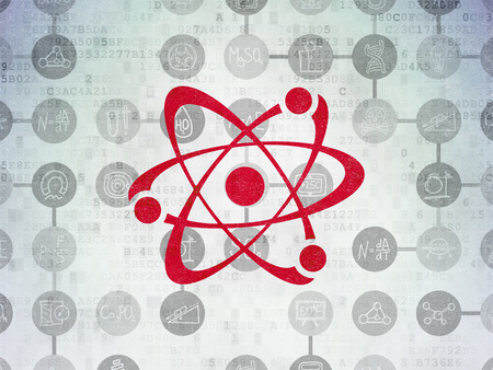 Science concept: Painted red Molecule icon on Digital Paper background with Scheme Of Hand Drawn Science Iconsの写真素材