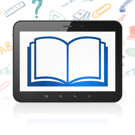 Studying concept: Tablet Computer with  blue Book icon on display,  Hand Drawn Education Icons backgroundの写真素材