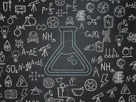 Science concept: Chalk Blue Flask icon on School Board background with  Hand Drawn Science Iconsの写真素材
