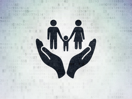 Insurance concept: Painted black Family And Palm icon on Digital Paper backgroundの写真素材