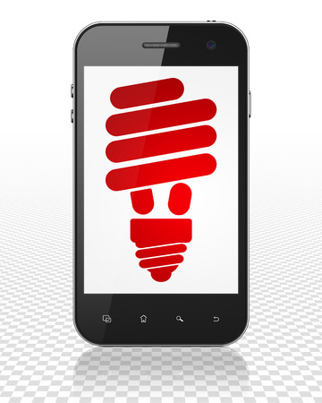 Business concept: Smartphone with red Energy Saving Lamp icon on displayの写真素材