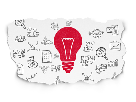 Business concept: Painted red Light Bulb icon on Torn Paper background with  Hand Drawn Business Iconsの写真素材