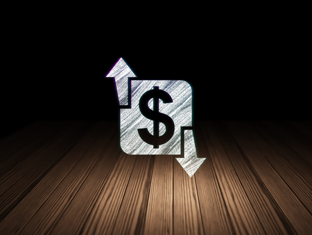 Business concept: Glowing Finance icon in grunge dark room with Wooden Floor, black backgroundの写真素材