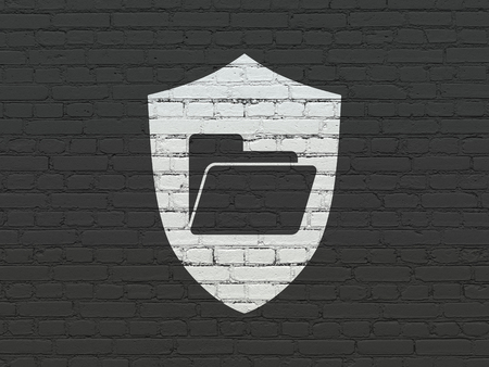 Finance concept: Painted white Folder With Shield icon on Black Brick wall backgroundの写真素材
