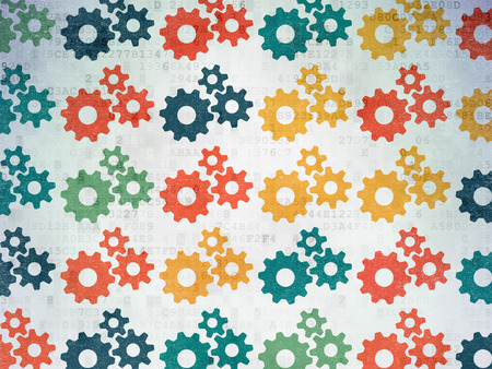 Marketing concept: Painted multicolor Gears icons on Digital Paper backgroundの写真素材
