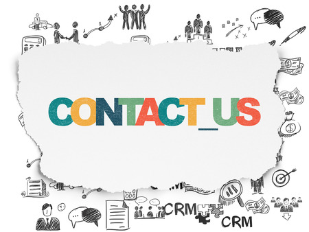 Business concept: Painted multicolor text Contact us on Torn Paper background with  Hand Drawn Business Iconsの写真素材