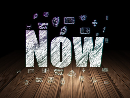Timeline concept: Glowing text Now,  Hand Drawing Time Icons in grunge dark room with Wooden Floor, black backgroundの写真素材