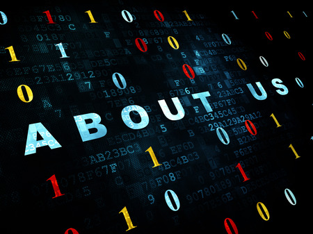 Business concept: Pixelated blue text About us on Digital wall background with Binary Codeの写真素材