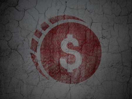 Banking concept: Red Dollar Coin on grunge textured concrete wall backgroundの写真素材