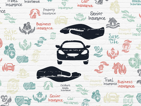 Insurance concept: Painted black Car And Palm icon on White Brick wall background with  Hand Drawn Insurance Iconsの写真素材