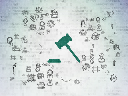 Law concept: Painted green Gavel icon on Digital Paper background with Scheme Of Hand Drawn Law Iconsの写真素材