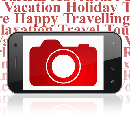 Vacation concept: Smartphone with  red Photo Camera icon on display,  Tag Cloud backgroundの写真素材