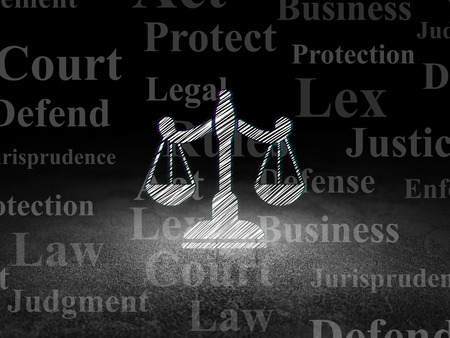 Law concept: Glowing Scales icon in grunge dark room with Dirty Floor, black background with  Tag Cloudの写真素材