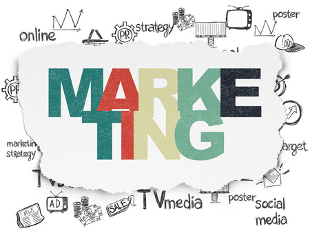 Advertising concept: Painted multicolor text Marketing on Torn Paper background with  Hand Drawn Marketing Iconsの写真素材