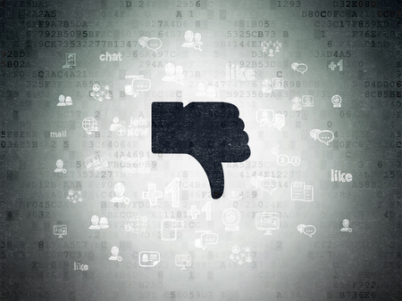 Social media concept: Painted black Thumb Down icon on Digital Paper background with  Hand Drawn Social Network Iconsの写真素材