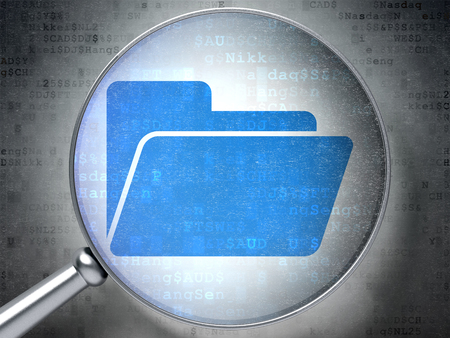 Business concept: magnifying optical glass with Folder icon on digital backgroundの写真素材
