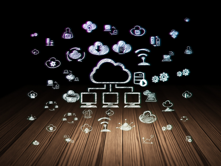 Cloud computing concept: Glowing Cloud Network icon in grunge dark room with Wooden Floor, black background with  Hand Drawn Cloud Technology Iconsの写真素材