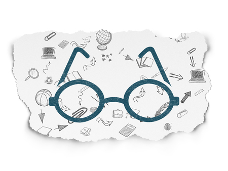 Studying concept: Painted blue Glasses icon on Torn Paper background with Scheme Of Hand Drawn Education Iconsの写真素材