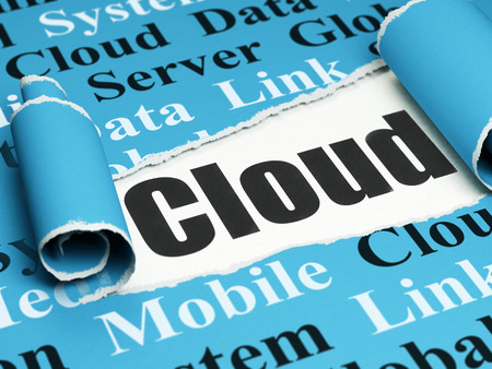 Cloud computing concept: black text Cloud under the curled piece of Blue torn paper with  Tag Cloudの写真素材