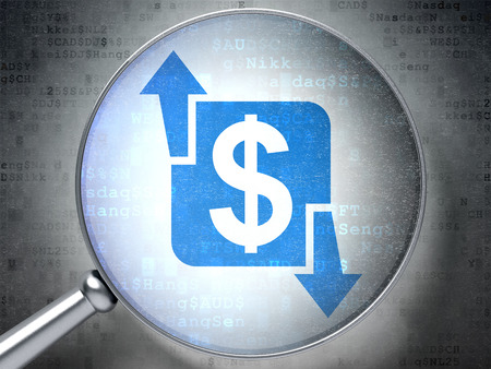 Business concept: magnifying optical glass with Finance icon on digital backgroundの写真素材